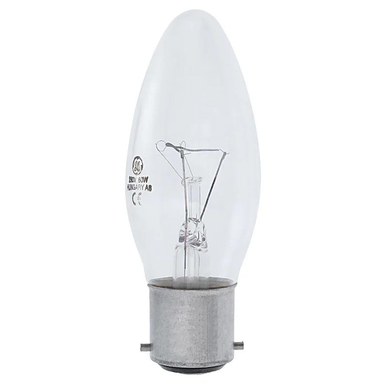 لامپ شمعی 220 ولت 60 وات جنرال الکتریک (GENERAL ELECTRIC) مدل C35 شیشه شفاف سرپیچ خاری (BA22D)