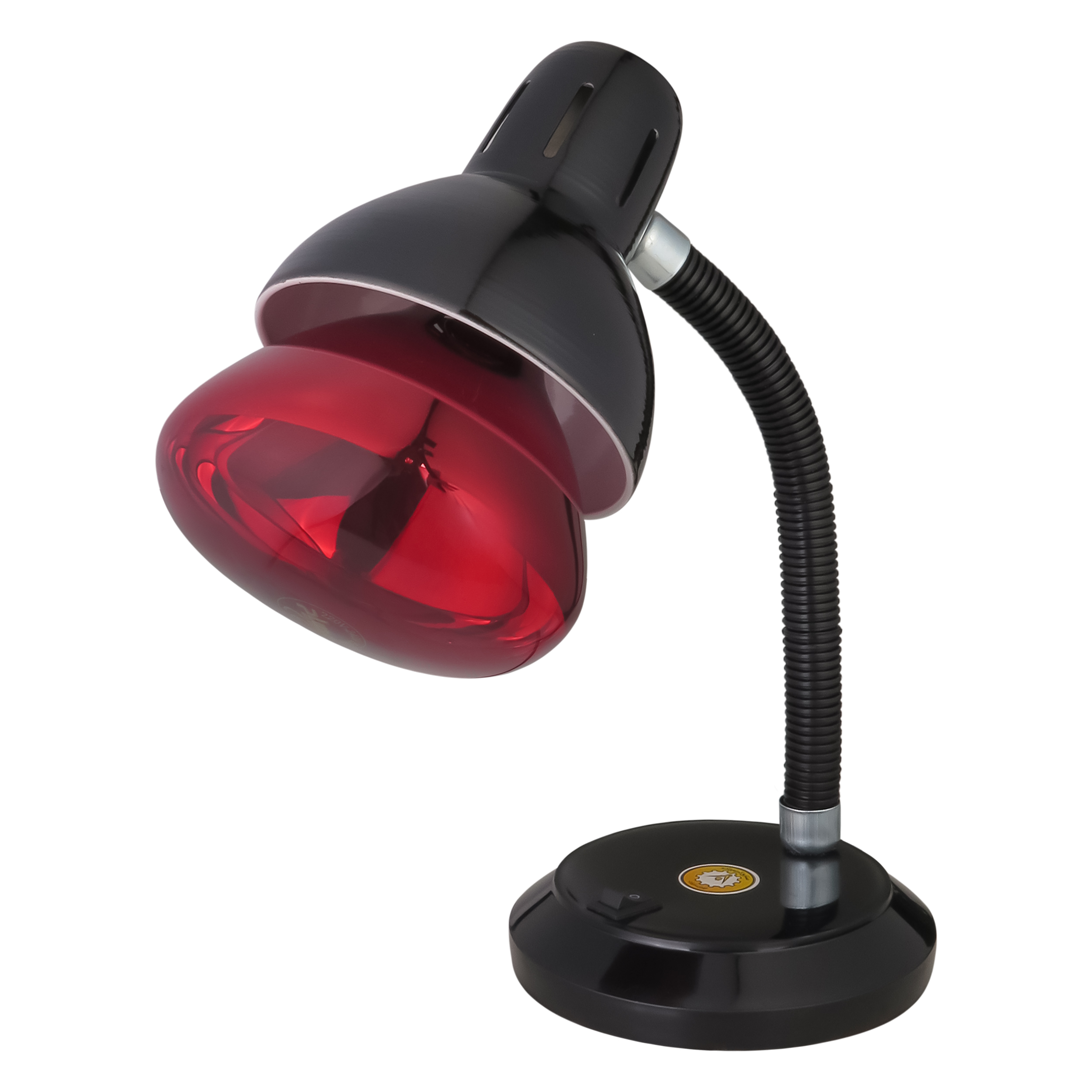 لامپ مادون قرمز (InfraRed) ۲۵۰ وات مصباح مدل R125-IR-250W-E27-RED پایه معمولی (E27) به همراه چراغ مطالعه صنایع فلزی کریم زاده مدل CL-113 کاسه بزرگ با پایه معمولی (E27) سرامیکی با ارتفاع فنر 26 سانتی متری دارای کلید و سیم دوشاخه دار