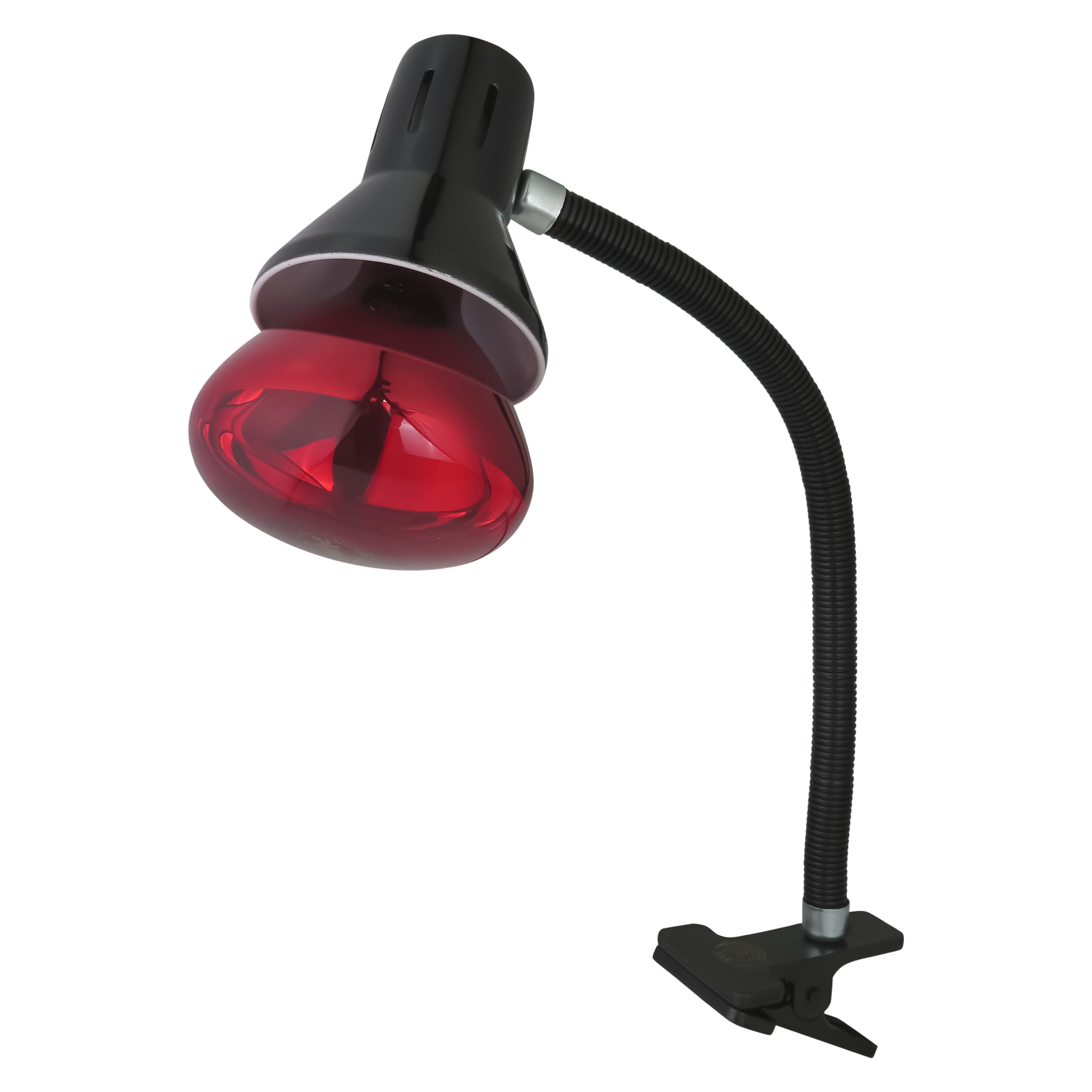 لامپ مادون قرمز (InfraRed) ۲۵۰ وات مصباح مدل R125-IR-250W-E27-RED پایه معمولی (E27) به همراه چراغ گیره ای صنایع فلزی کریم زاده مدل CL-116 با پایه معمولی (E27) سرامیکی با ارتفاع فنر 40 سانتی متری دارای کلید بین راهی