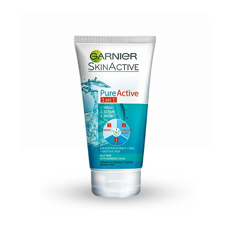 ماسک و اسکراب صورت سه کاره گارنیر (Garnier) مدل پیور اکتیو (Pure Active / Saf & Temiz) حجم 150 میلی لیتر